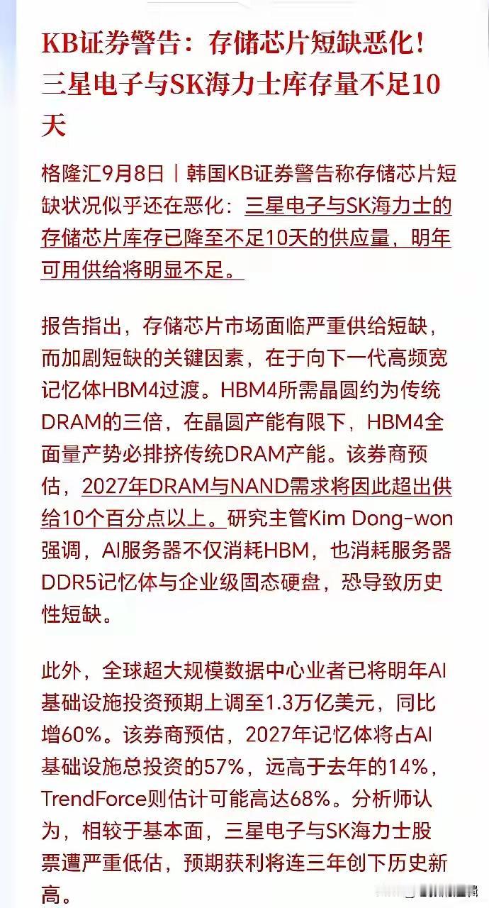 存储芯片进入历史性紧缺，2027年供需矛盾或将进一步加剧
 
存储芯片市场的紧张