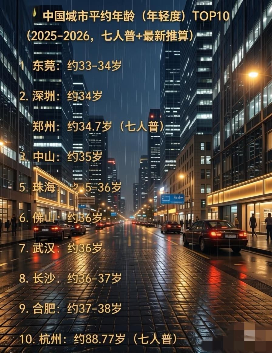 中国城市平均年龄排行榜，猜猜谁最年轻
一、中国城市平均年龄（年轻度）TOP10（