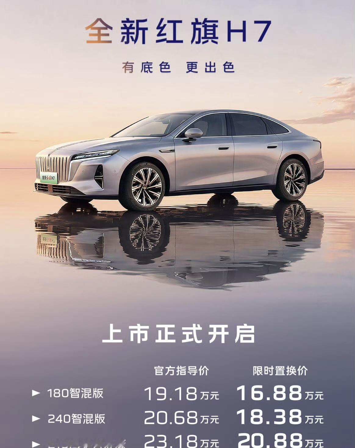 全新红旗H7上市了，指导价19.18-23.18万元，限时置换价16.88万元起