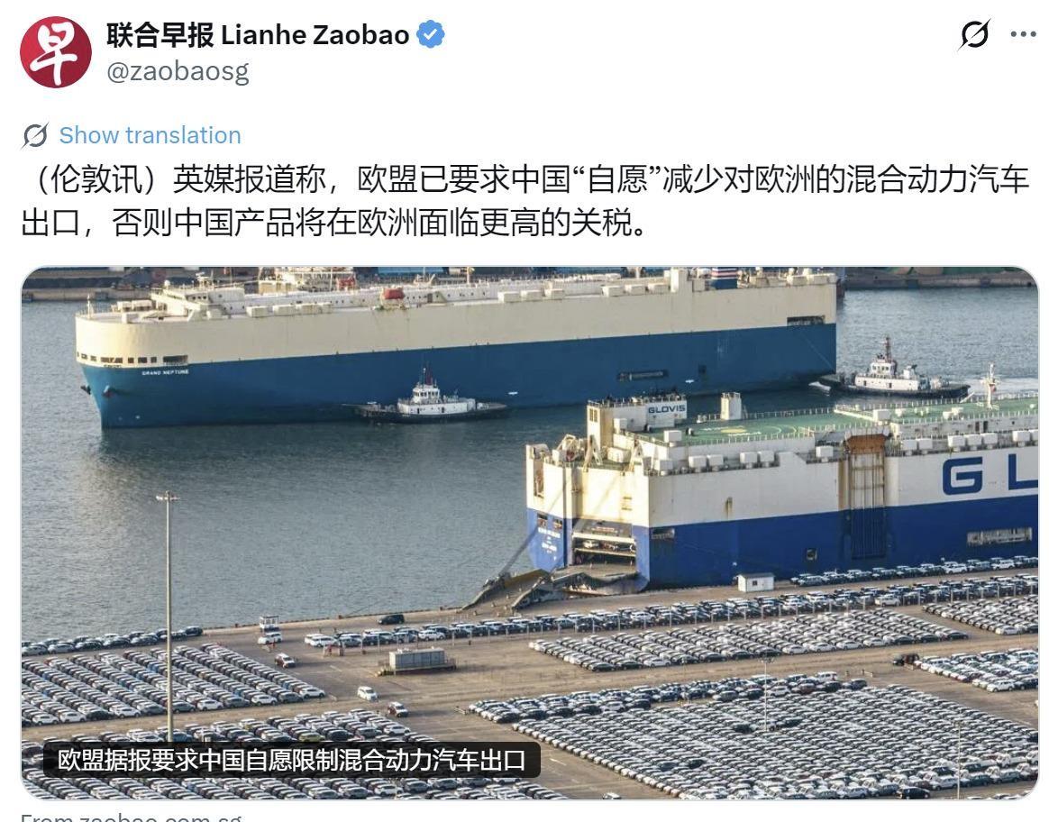 欧盟要求中国主动把混动车出口压到15%以下，不然就加税。嘴上说的是自愿，手里攥的