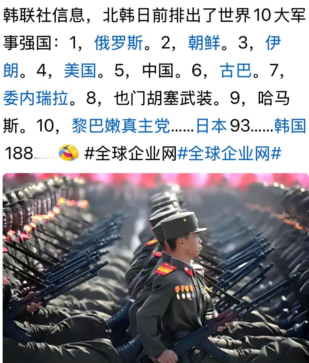 朝应该是世界第一[允悲]北韩日前排出了世界10大军事强国 ​​​