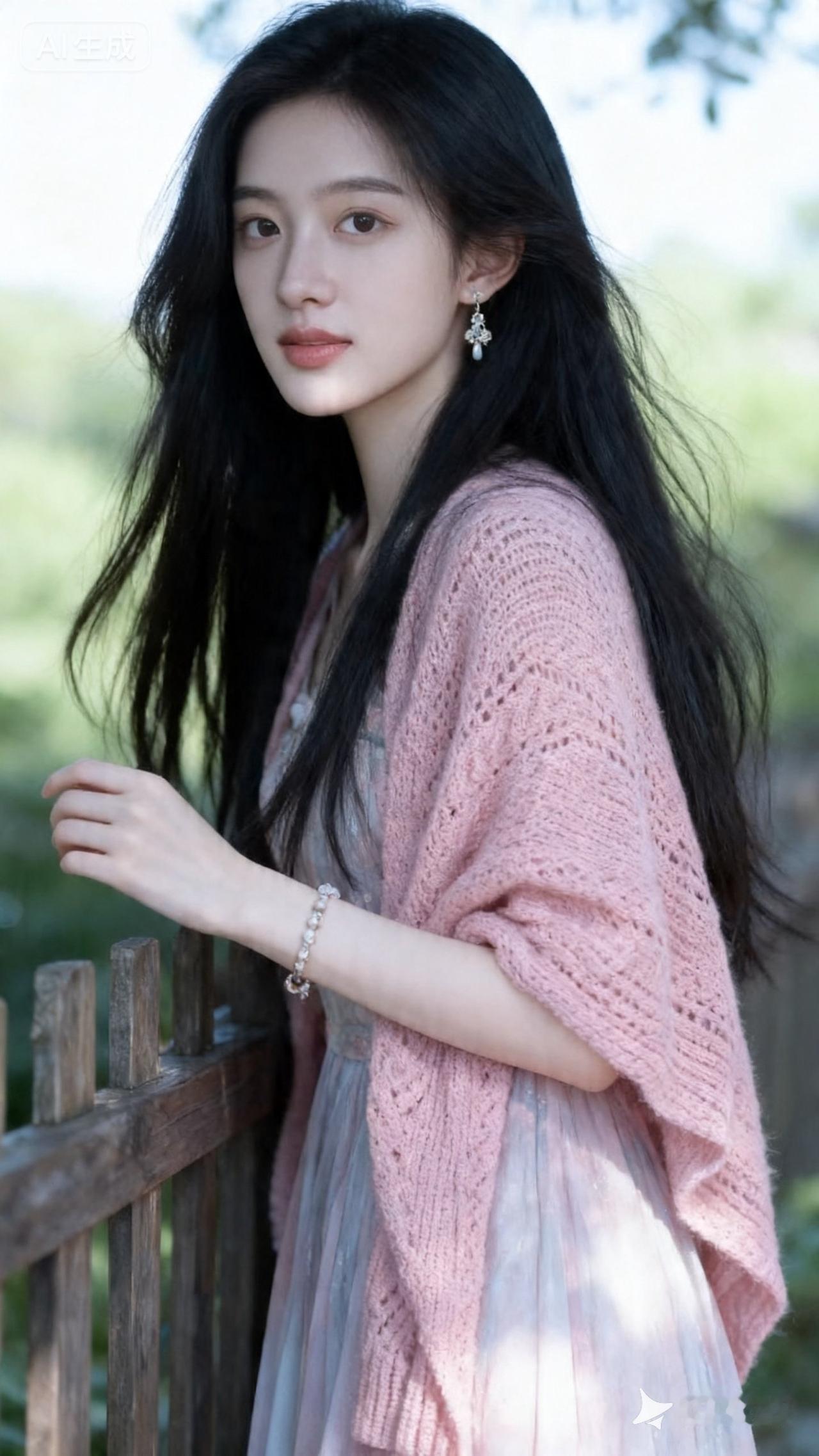 温柔少女风，粉色针织衫，自然光下更显清新动人。