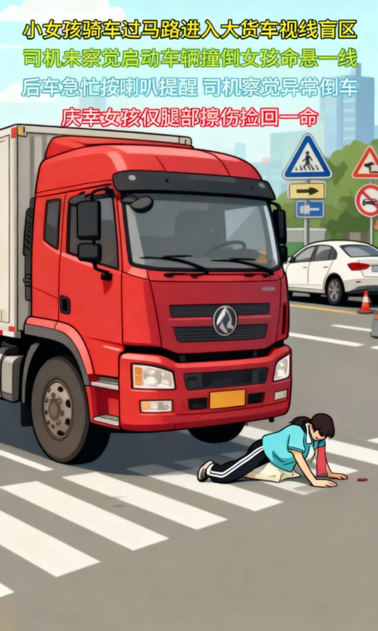 小女孩骑车过马路进入大货车视线盲区司机未察觉启
动车辆撞倒女孩命悬一线后车急忙按