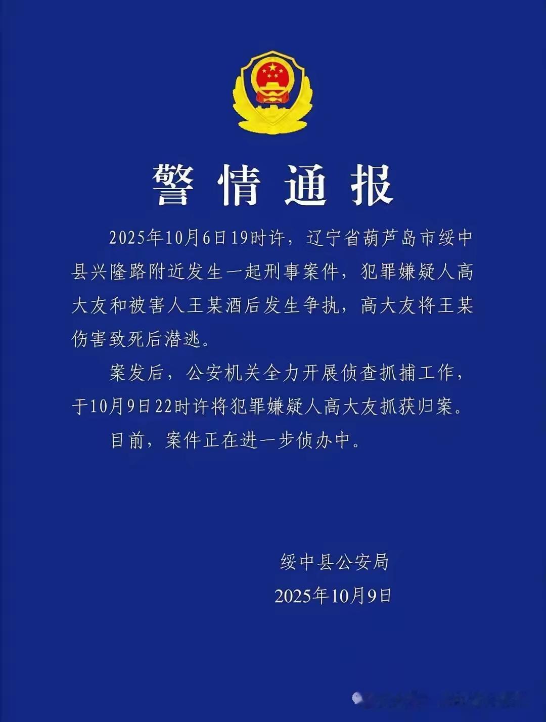 跑了3天3夜，高大友终于被抓住了，9日晚上22点被抓获归案。这个案情很简单，都是
