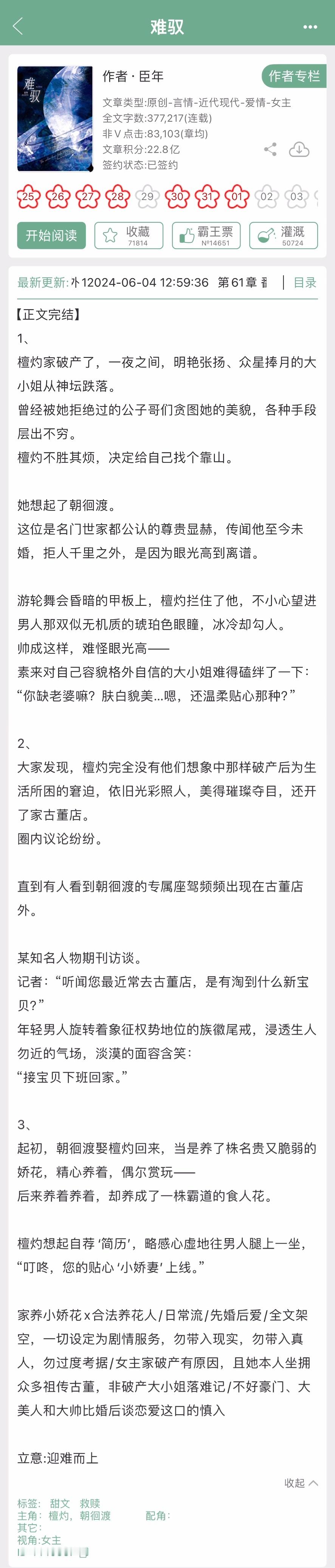 臣年的《难驭》完结了，家养小娇花x合法养花人先婚后爱的故事[看书] ​​​