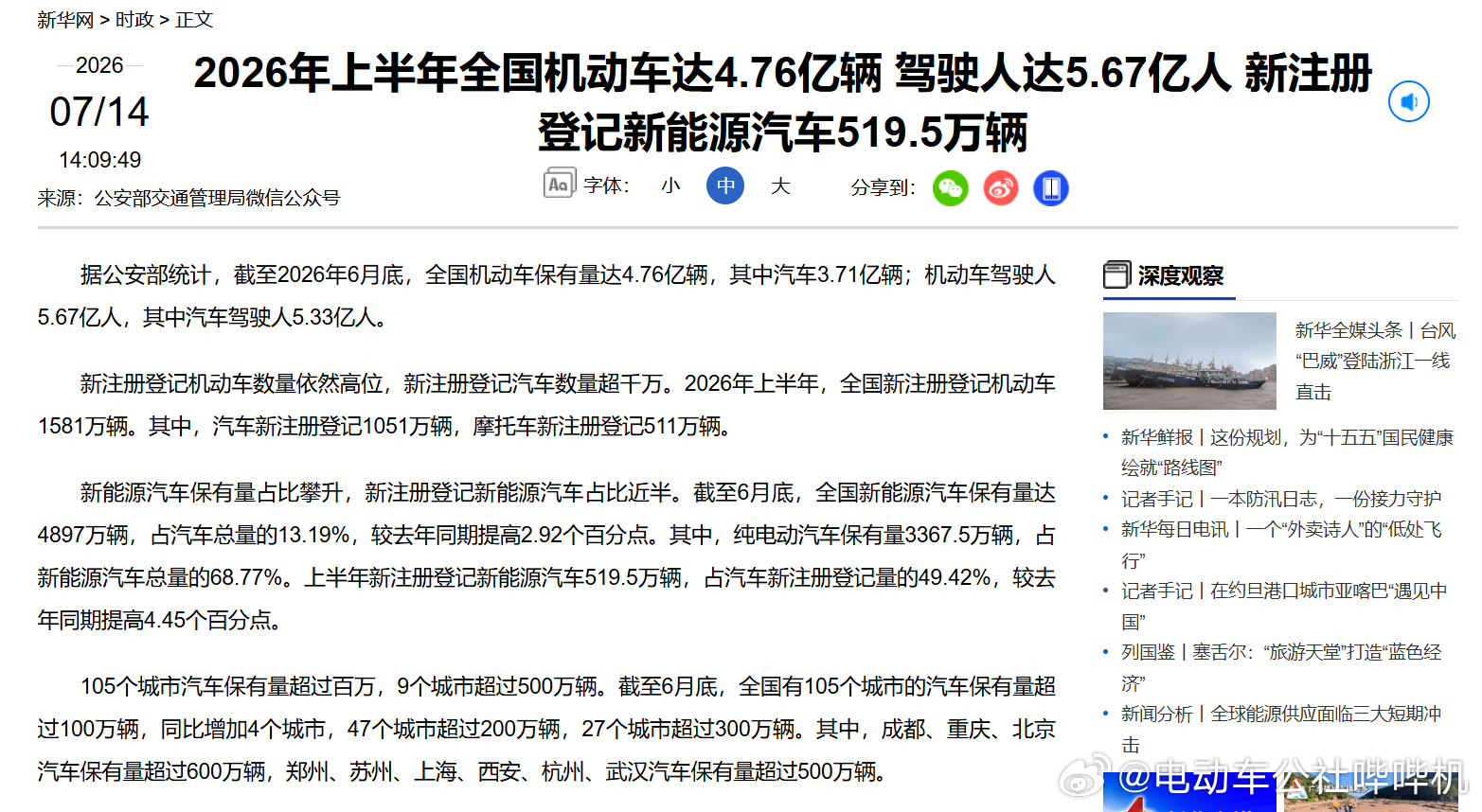 全国汽车保有量达3.71亿辆 据公安部统计，截至2026年6月底，全国汽车保有量