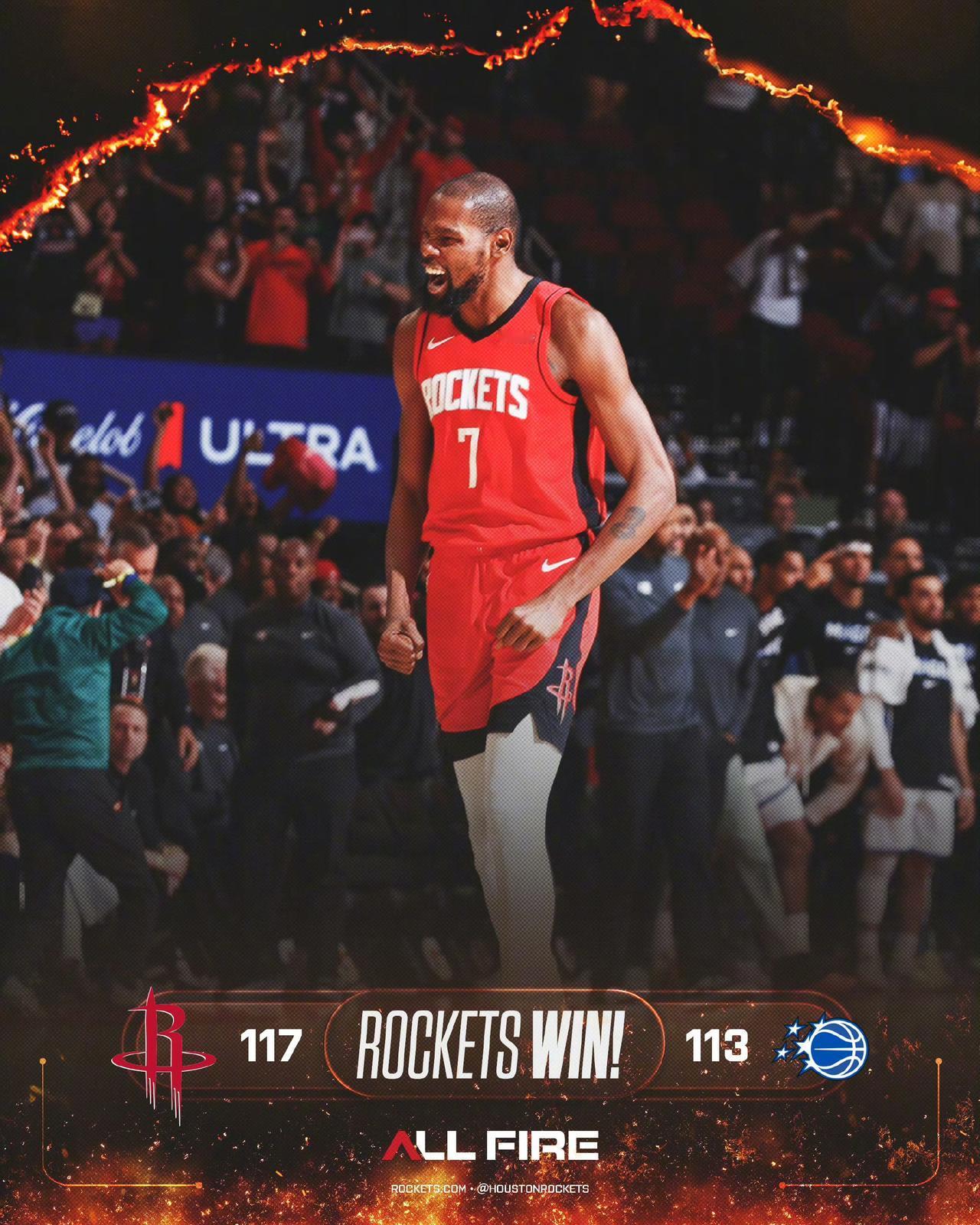 火箭117:113通过OT艰难拿下比赛，魔术上半场神三分压制火箭三节，火箭末节全