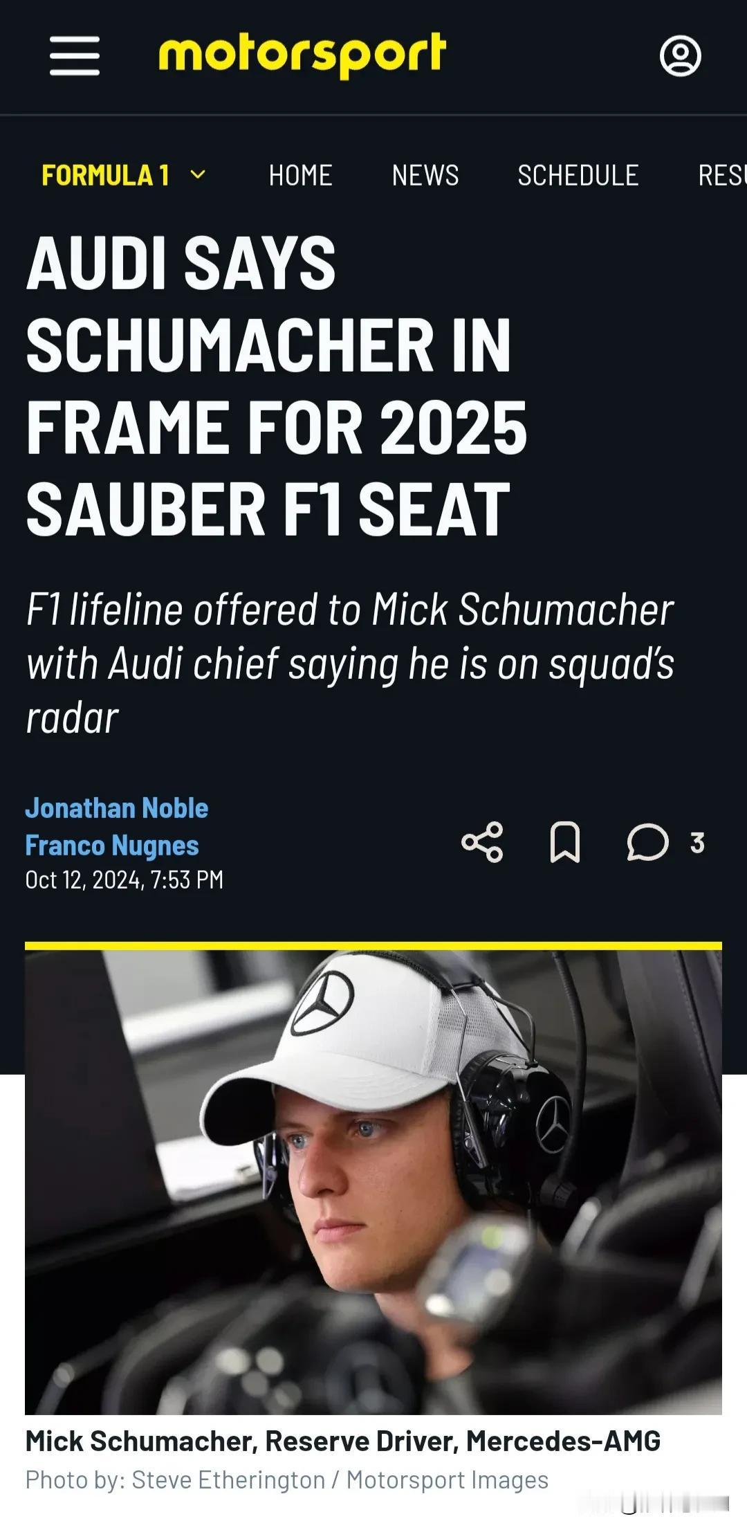 米克·舒马赫加入2025年索博席位争夺战？
Motorsport：米克·舒马赫已