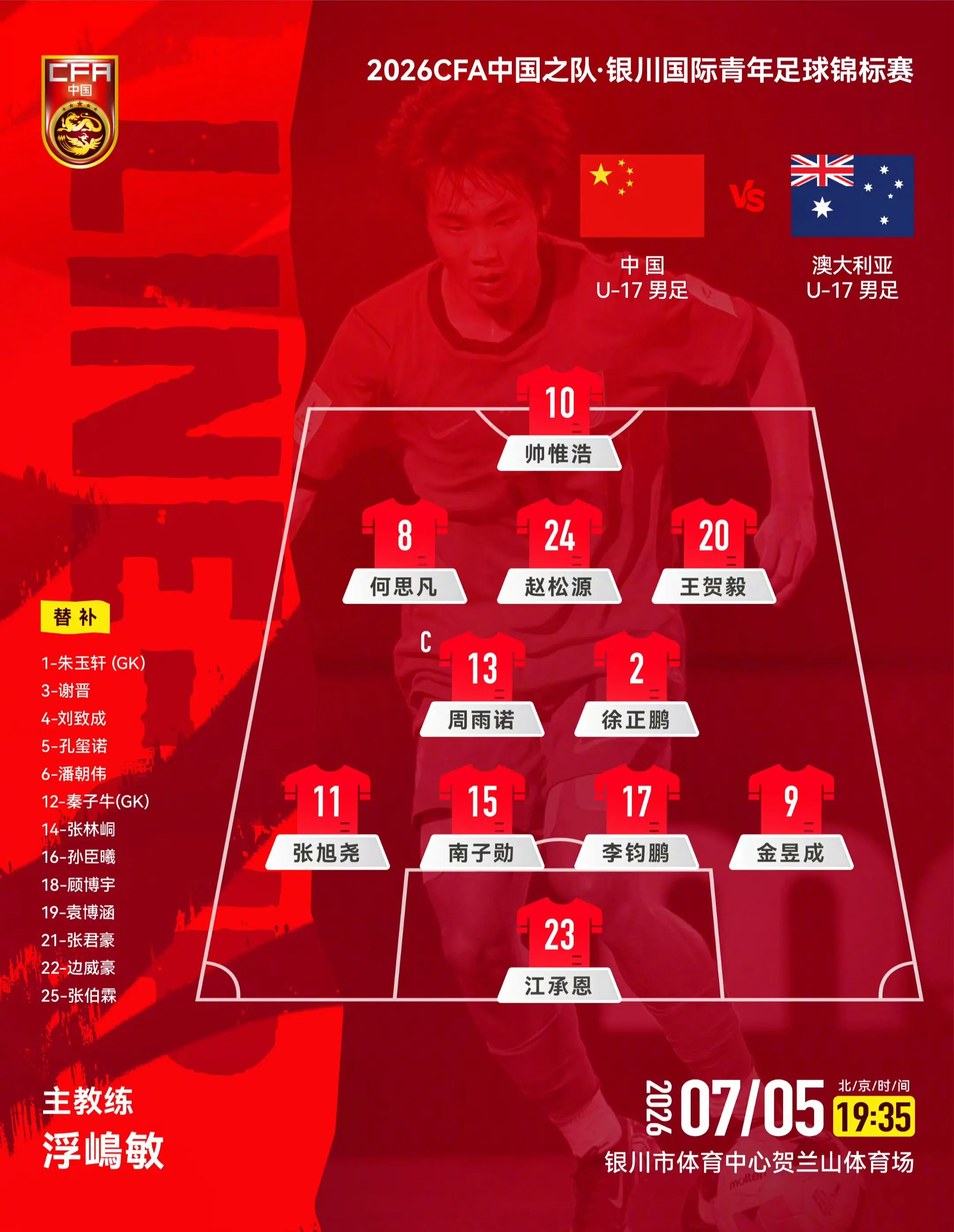 银川国际青年足球锦标赛，中国U17男足vs澳大利亚U17男足。中国队首发阵容。