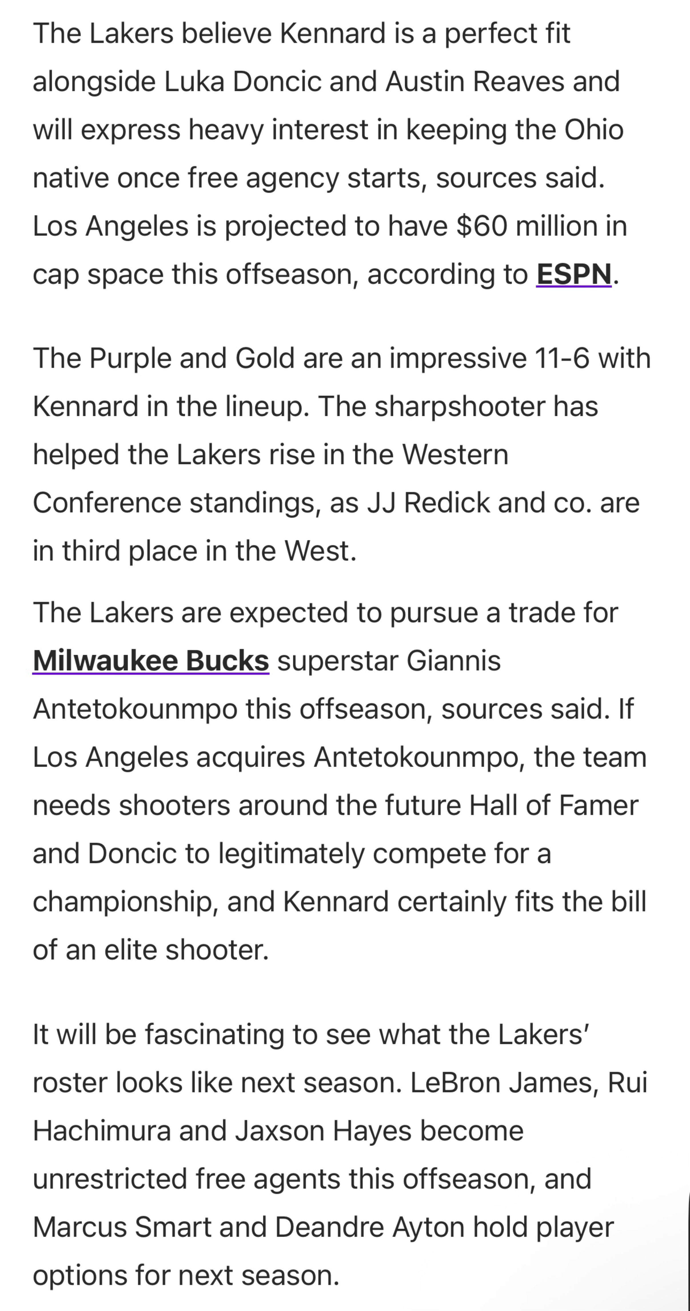 据《湖人日报》记者Ashish Mathur报道，湖人对休赛期续约肯纳德兴趣浓厚