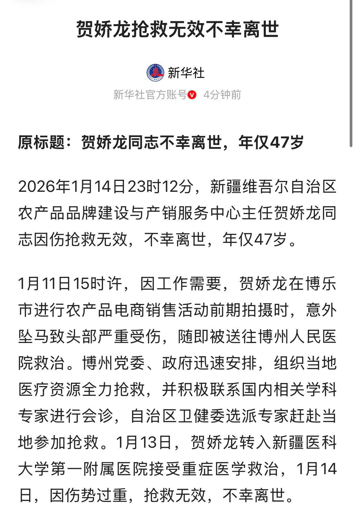 贺娇龙因坠马抢救无效离世。