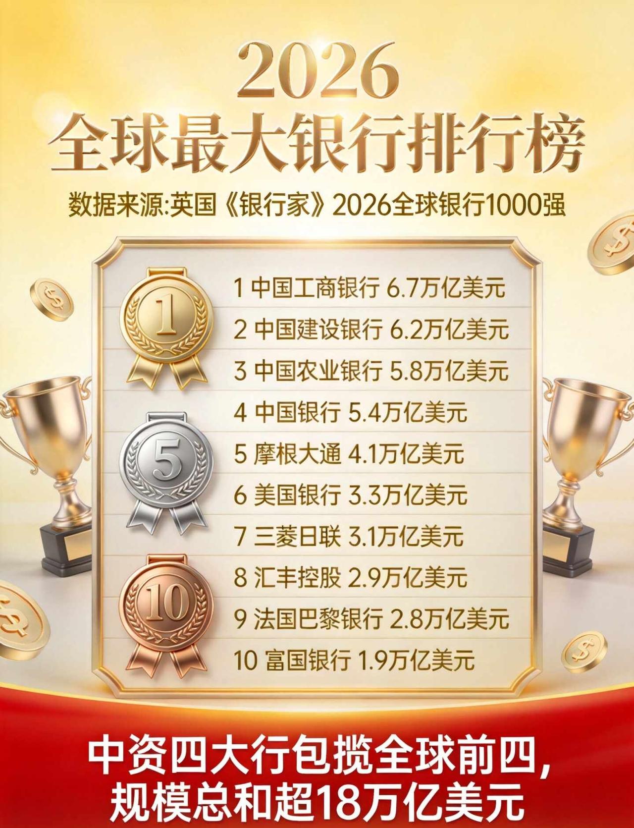2026全球最大银行排行榜来了🇨🇳
	
英国《银行家》杂志最新数据刚刚出炉，