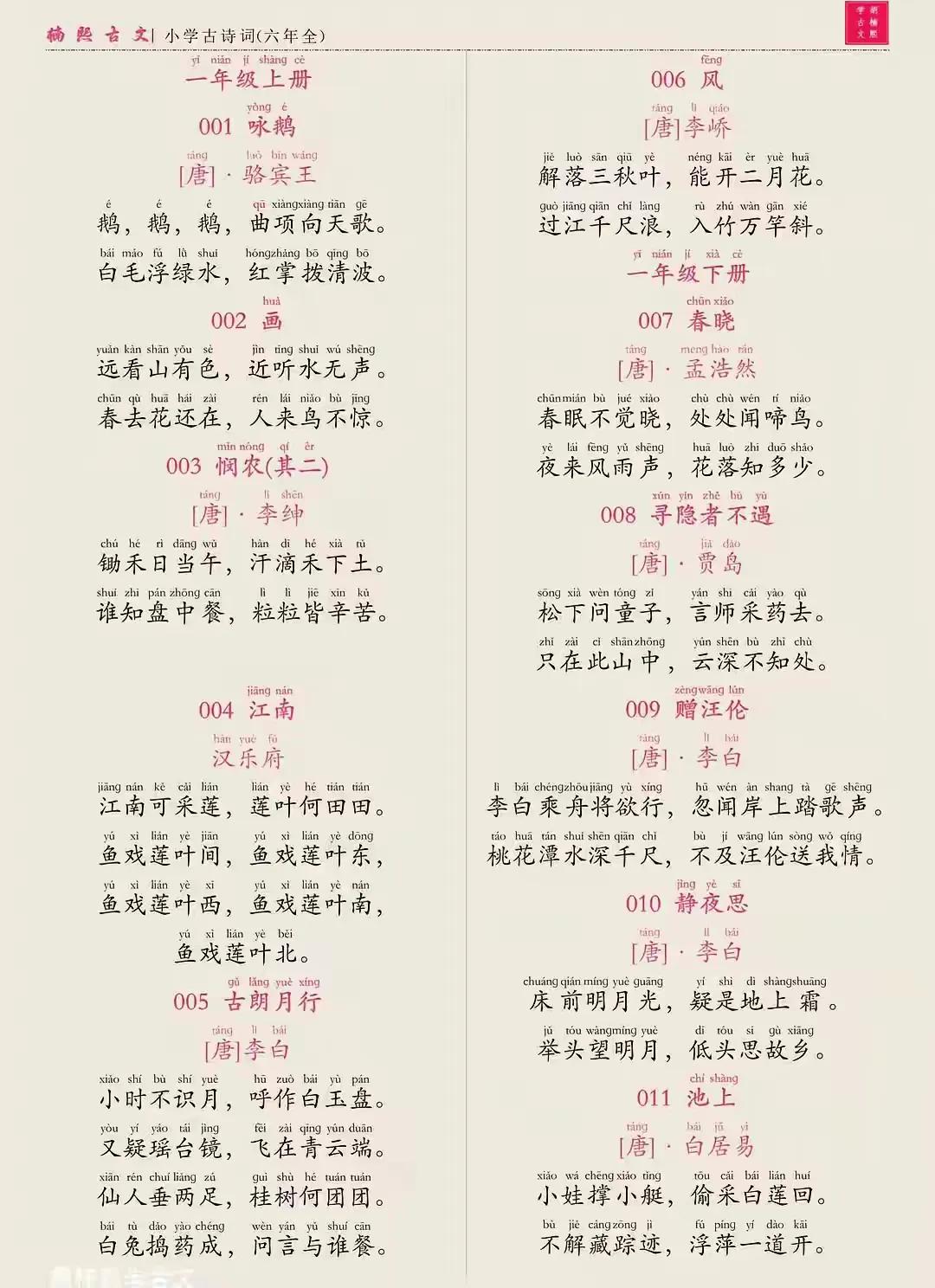 小学1-6年级古诗词拼音版