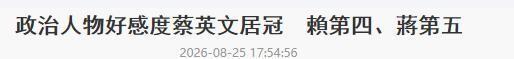 赖清德满意度破五成，蓝营三巨头好感度却崩了：台湾政坛正在发生什么？
8月25日，