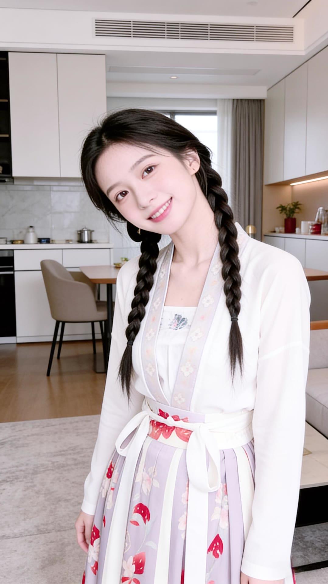 甜美少女风，白色连衣裙搭配花边装饰，厨房背景温馨舒适。