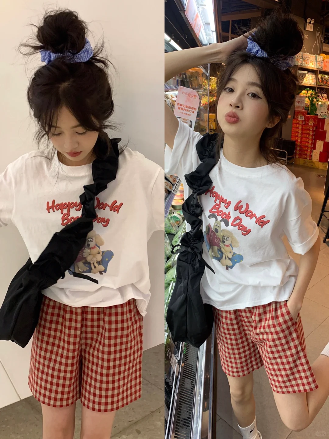 好喜欢！可爱印花短袖搭配格子短裤