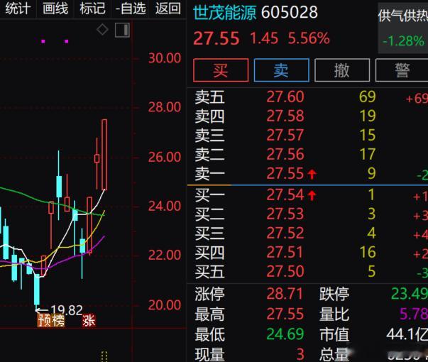 $世茂能源 sh605028$ 今日低开 24.69 元，开盘直接快速单边拉升，