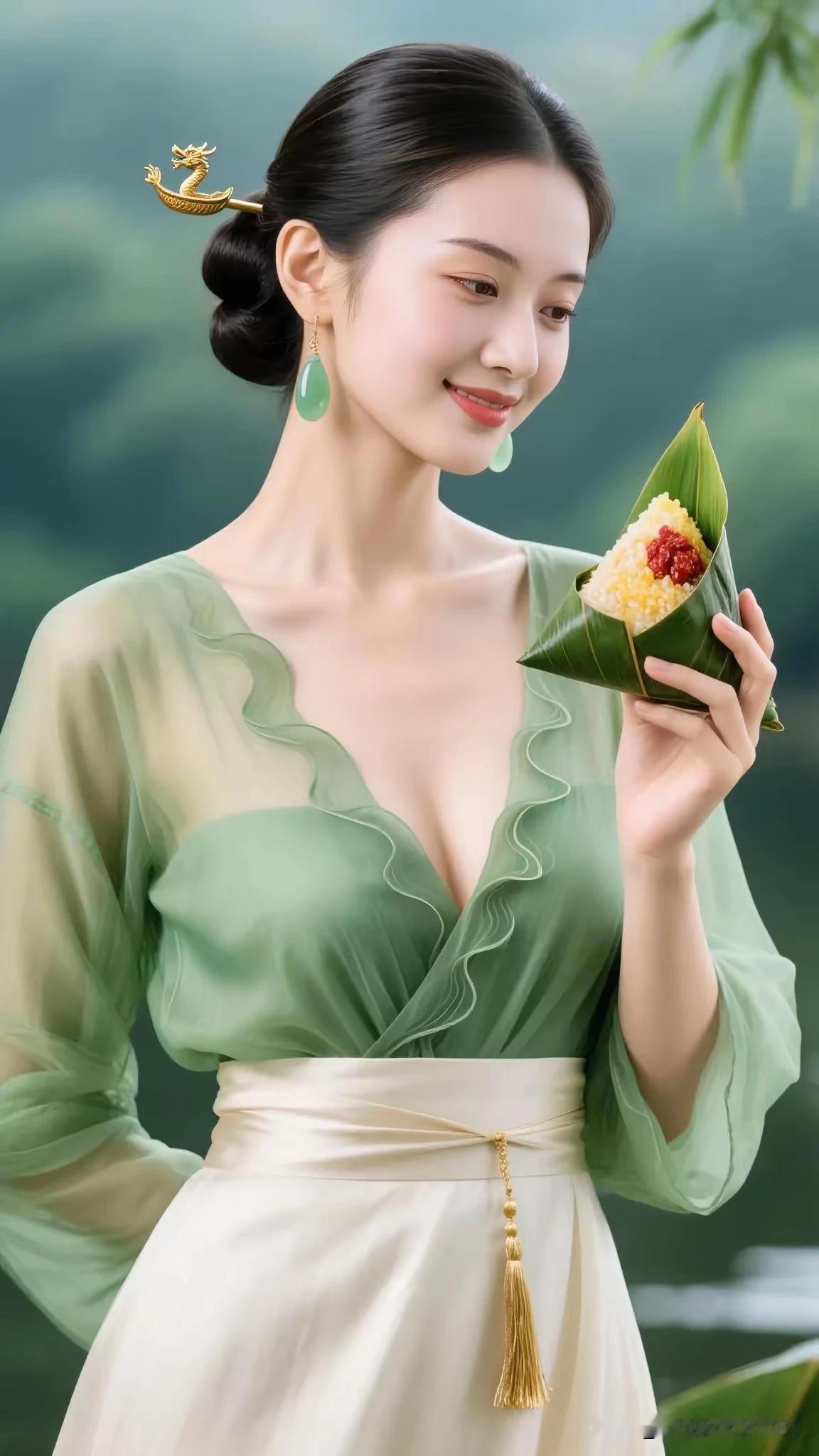 旗袍温婉灶台前，
翠叶裹米味香甜。
鲜果杂粮皆备好，
巧手魔术秀可餐。