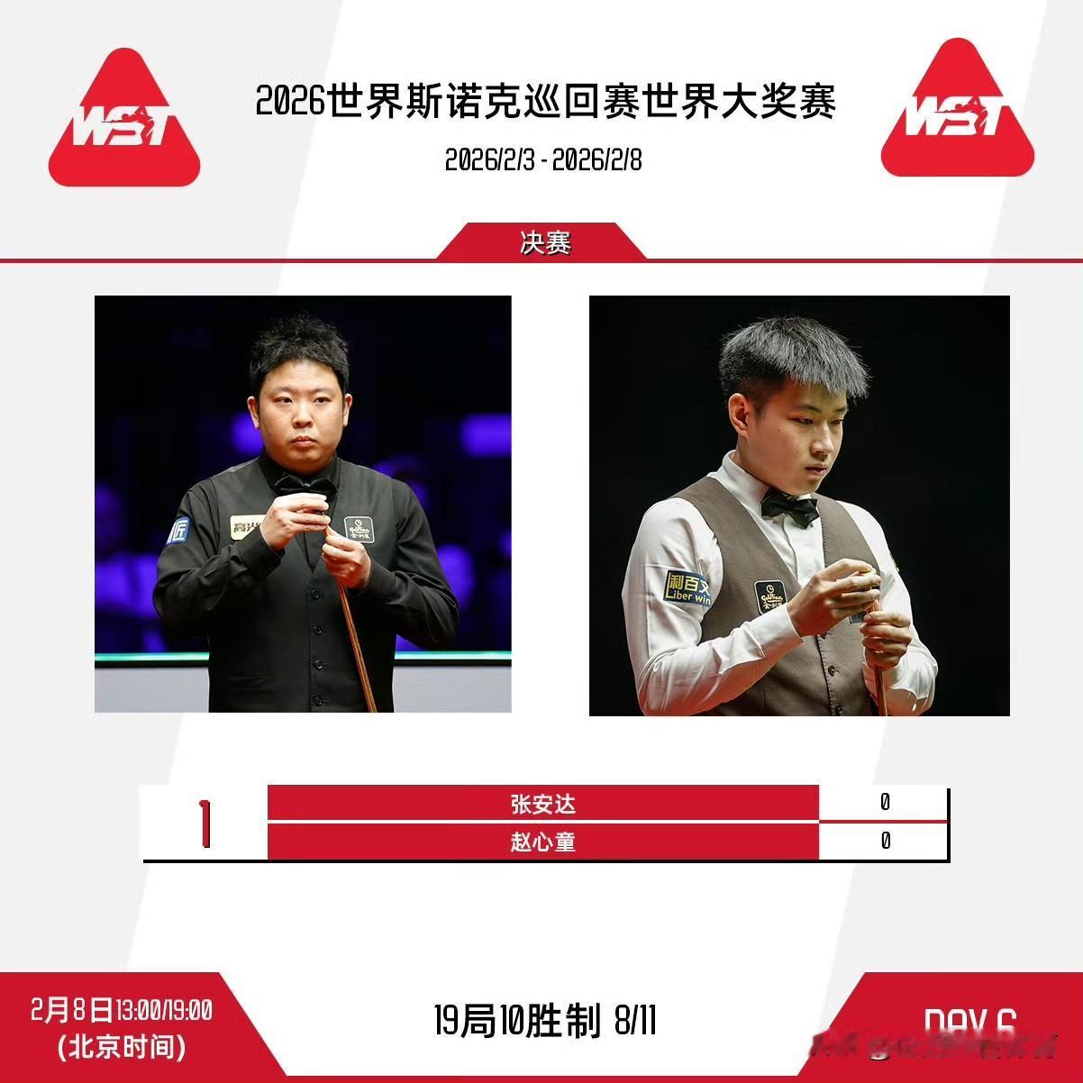 斯诺克：2026香港世界大奖赛赵心童张安达会师决赛！
北京时间2月8日，2026