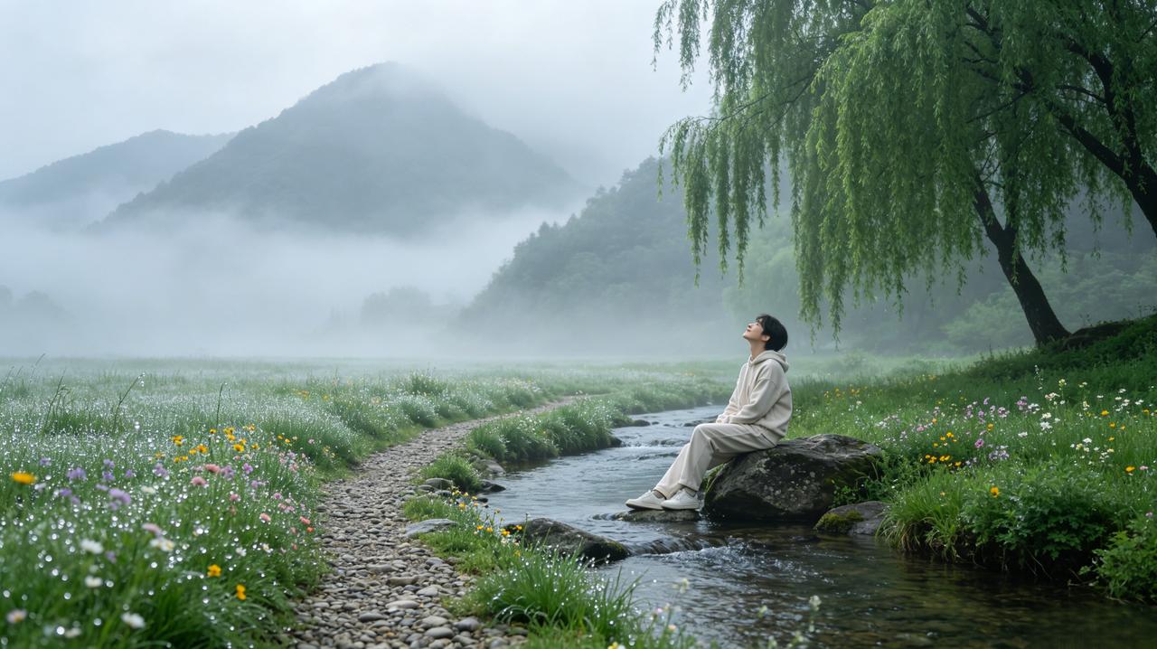 上联：雾绕青山诗意里
下联：风梳碧柳画屏中
配诗：
雾绕青山诗意里，
风梳碧柳画