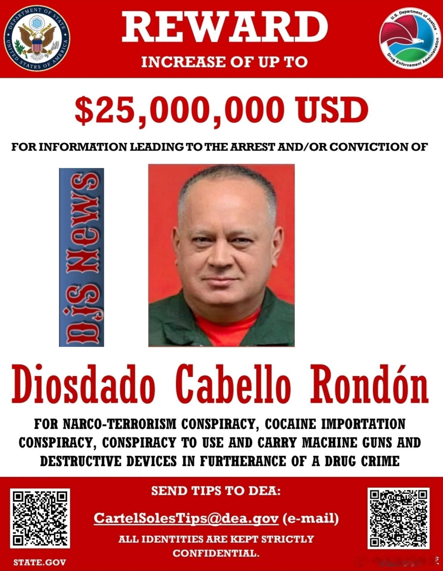 美国政府对委内瑞拉政府核心要员的悬赏通缉令！委美冲突特朗普称已抓获委内瑞拉总统