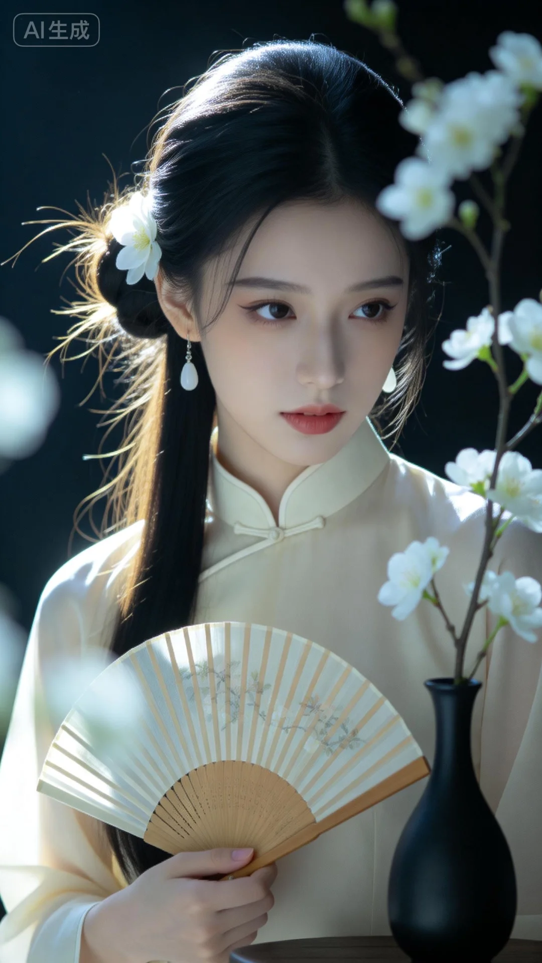 真实摄影，绝美美少女，幼态脸，黑色长发（半盘起，侧饰白色花朵，精致典雅...