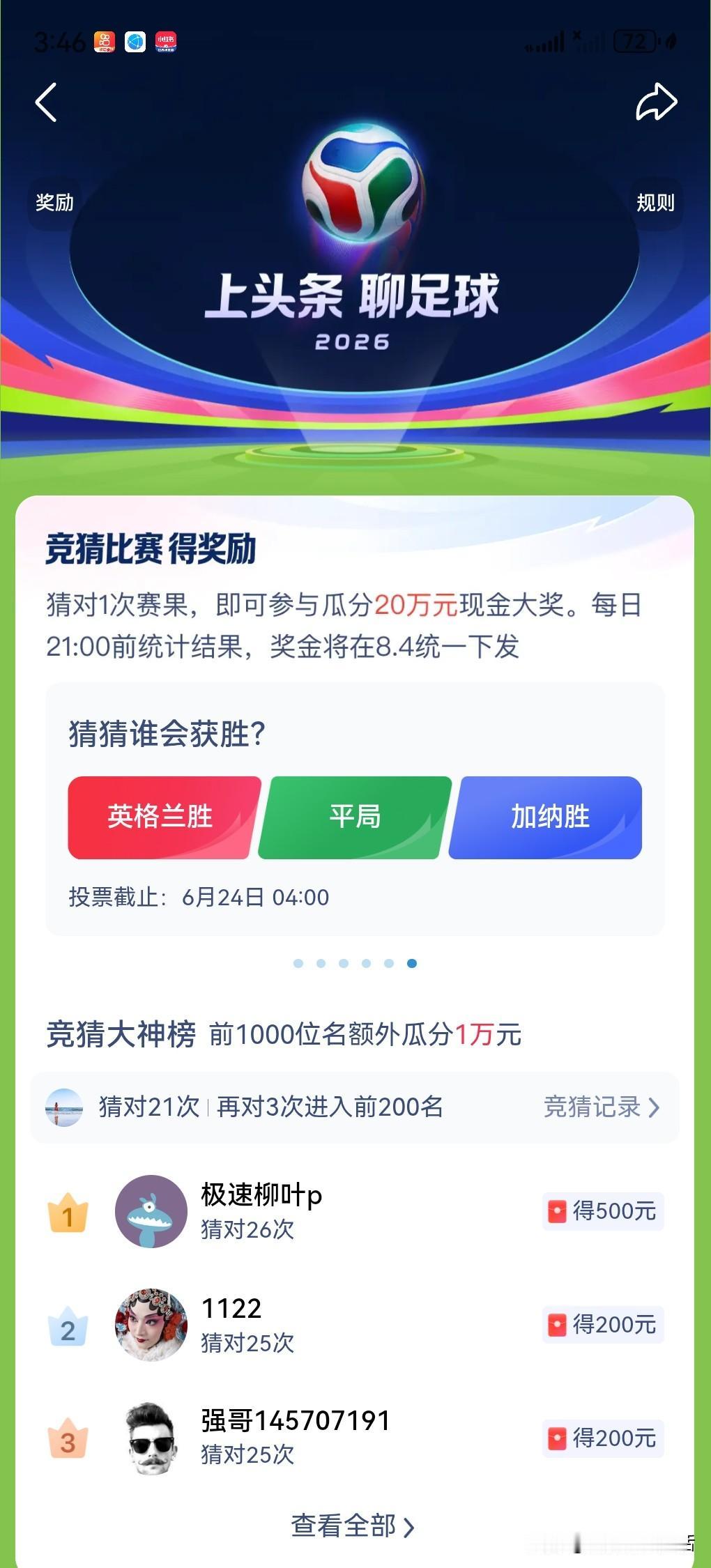 足球我猜对了21次了，再对3次就能进前20名了。目前排名一千多名，条哥一直给我画