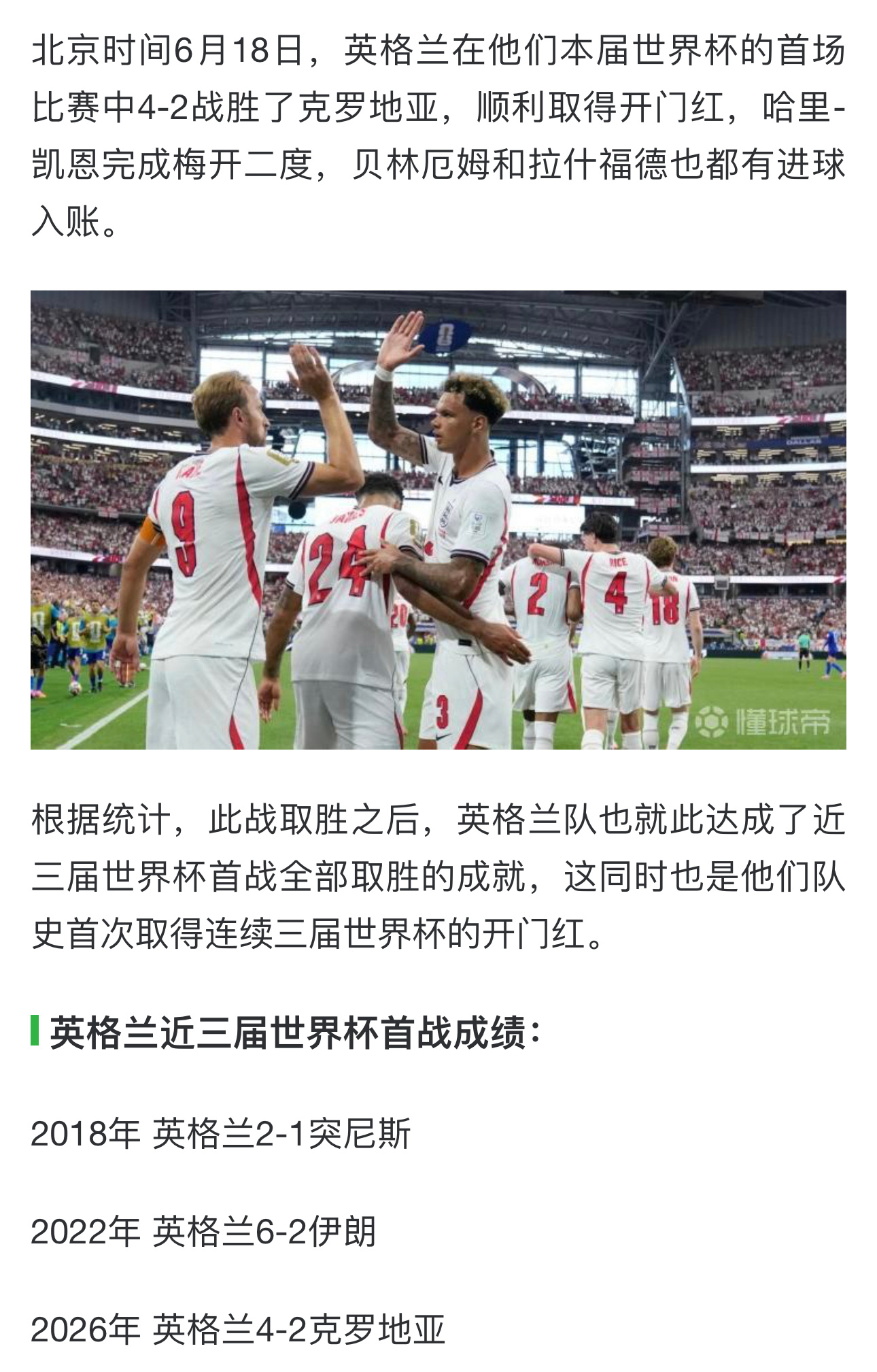 英格兰世界杯开门红队史首次，英格兰连续三届世界杯取得开门红 