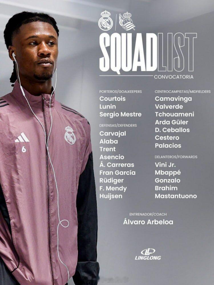 【皇马公布对阵皇家社会大名单：姆巴佩领衔锋线，罗德里戈缺席】        北京