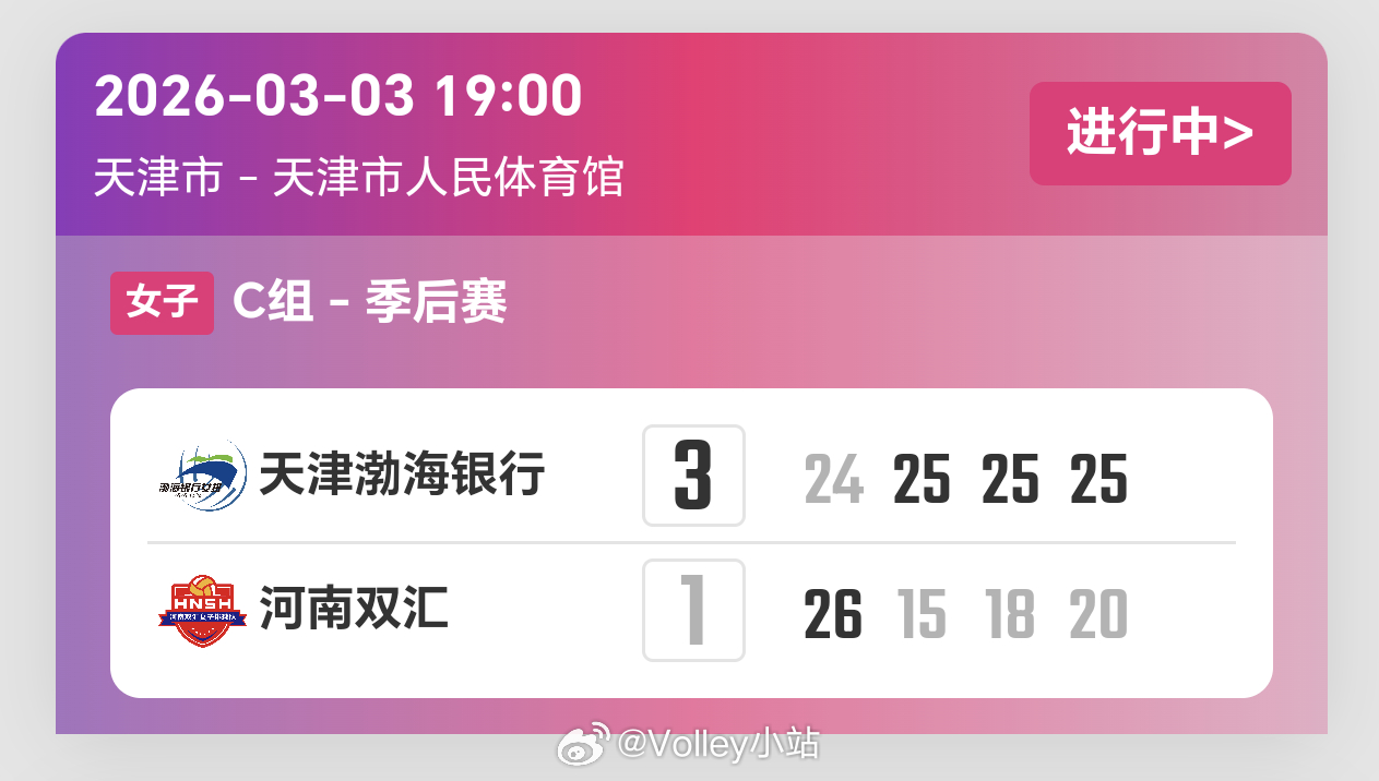 2025-2026赛季中国女子排球超级联赛季后赛第3轮，天津女排3比1河南女排（