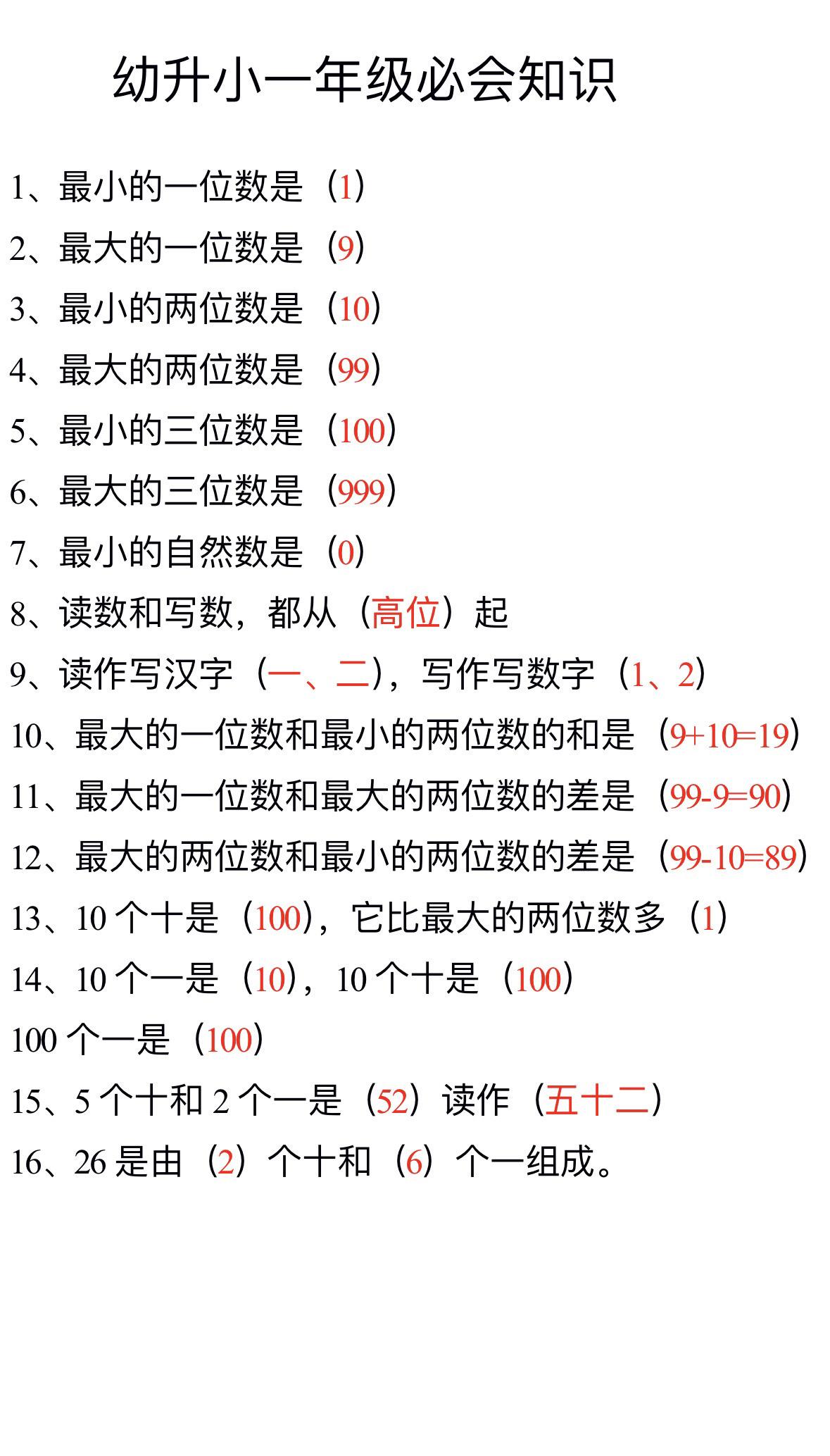 一年级必会的数学知识点