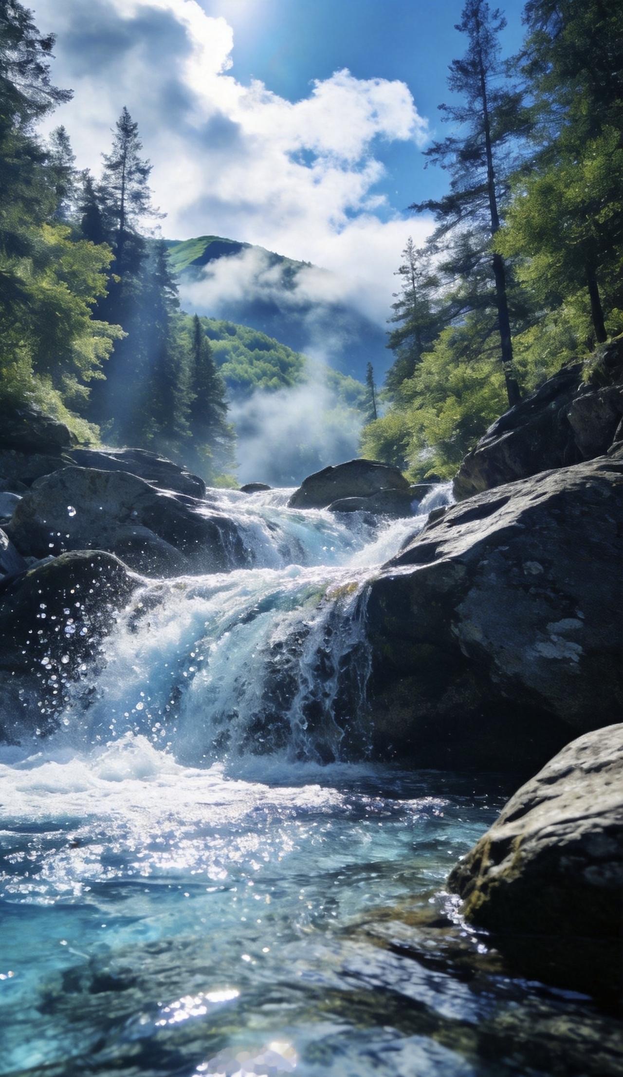 精美壁纸（748）🌈
📝清澈的河水顺着大小不一的山石蜿蜒奔涌，冲撞岩壁化作点