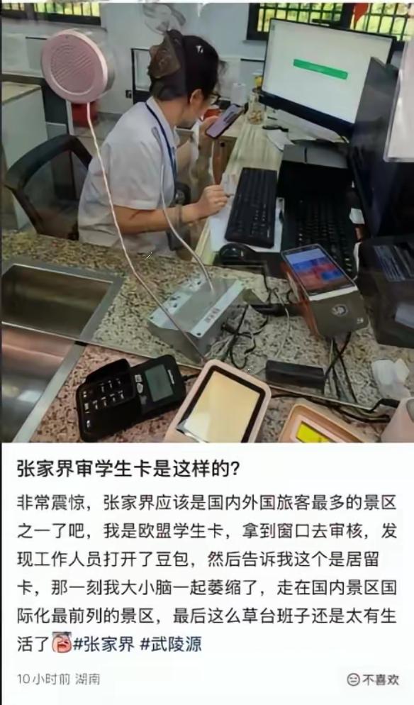 张家界这个事，我刷到的时候，多看了两遍。
一个窗口卖票的，碰上外国留学生来要学生