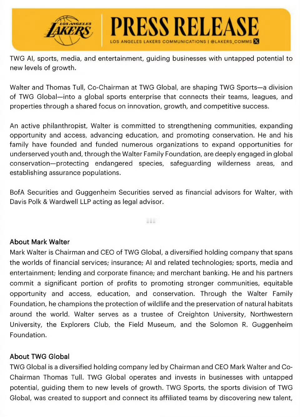 湖人被以100亿收购湖人易主了，100亿美元，价格全球体育俱乐部之最，当初格雷泽