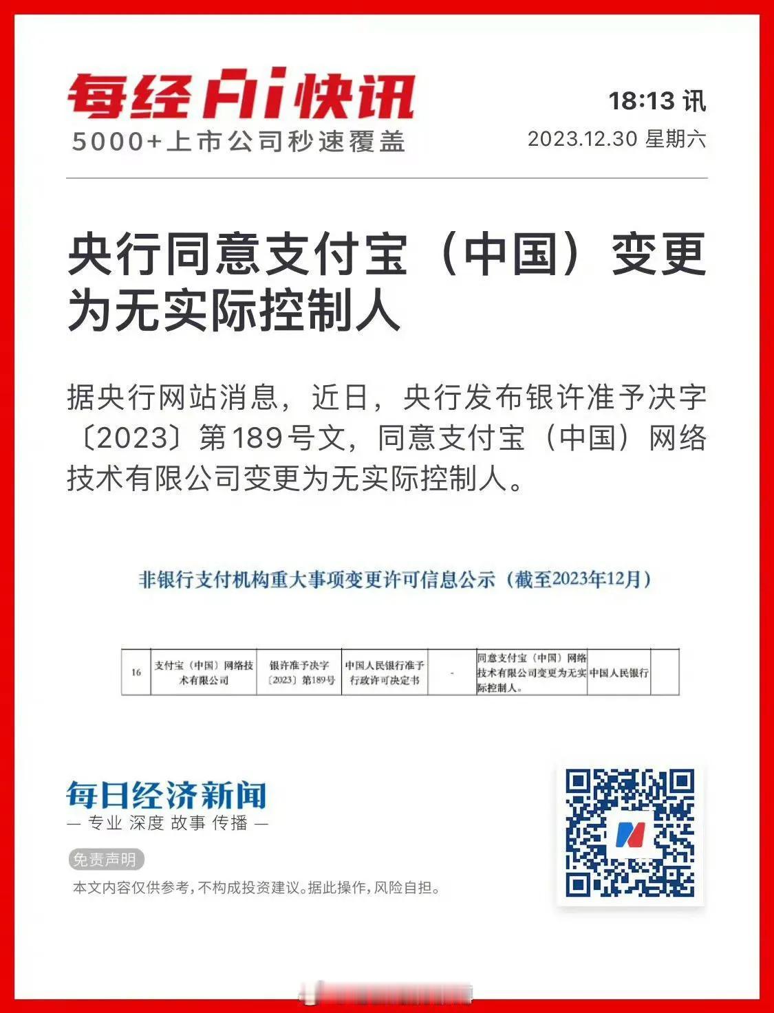 蚂蚁集团完成股东投票权结构调整。
央行已经同意支付宝（中国）网络技术有限公司变更