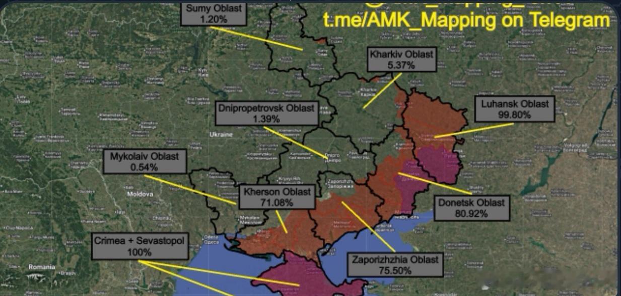 截至2026年1月1日，俄罗斯控制的乌克兰各地区比例：克里米亚+塞瓦斯托波尔：1