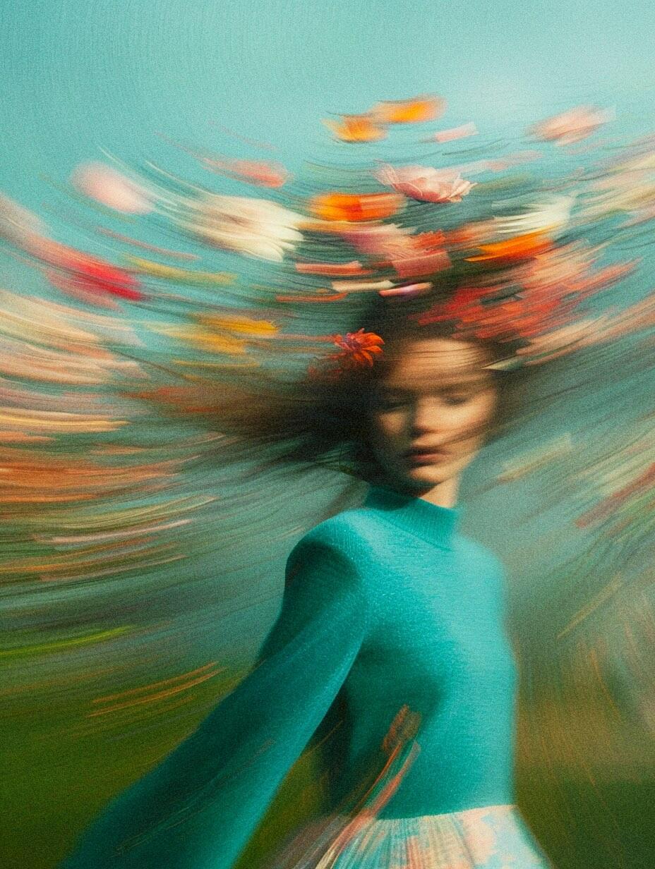 作品是对风最纯粹的具象化表达，发丝的动态轨迹与散落的花瓣碎片，共同勾勒出风的形状