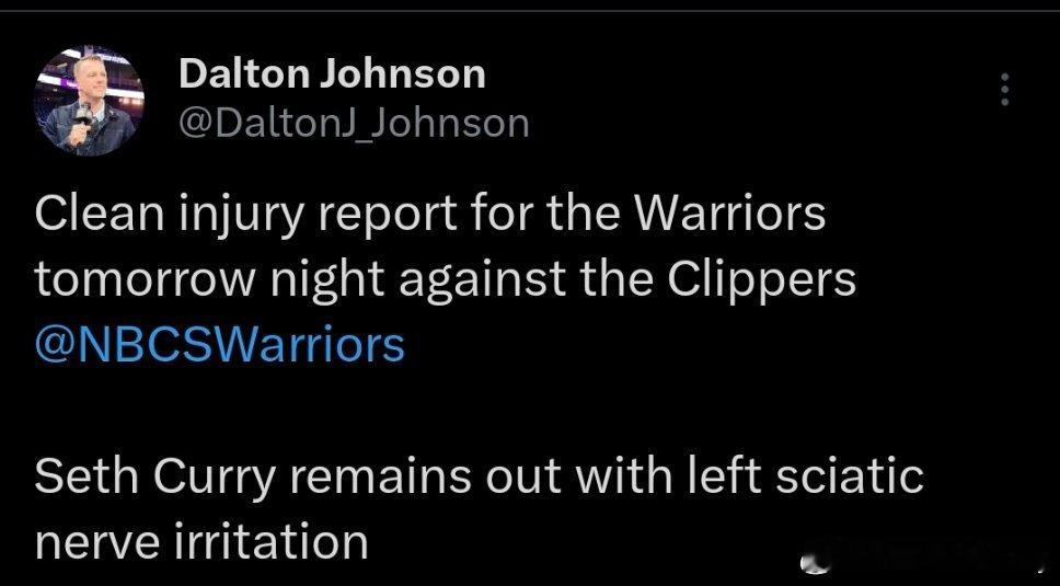 明天勇士除塞斯库里外，其余人均可出战。快船：德豪泽生病出战存疑，博格丹、小琼斯缺