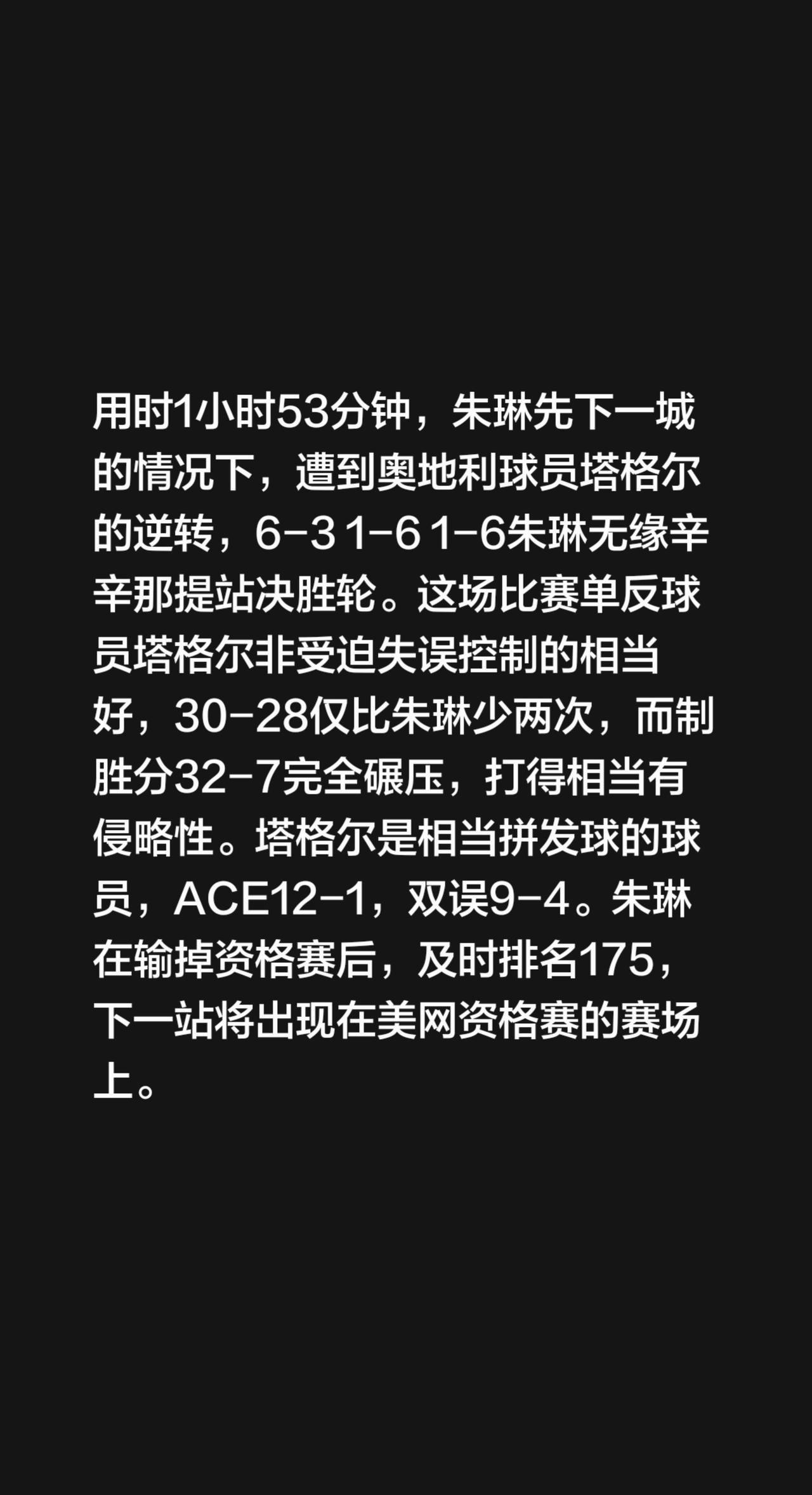 用时1小时53分钟，朱琳先下一城的情况下，遭到奥地利球员塔格尔的逆转，6-3 1