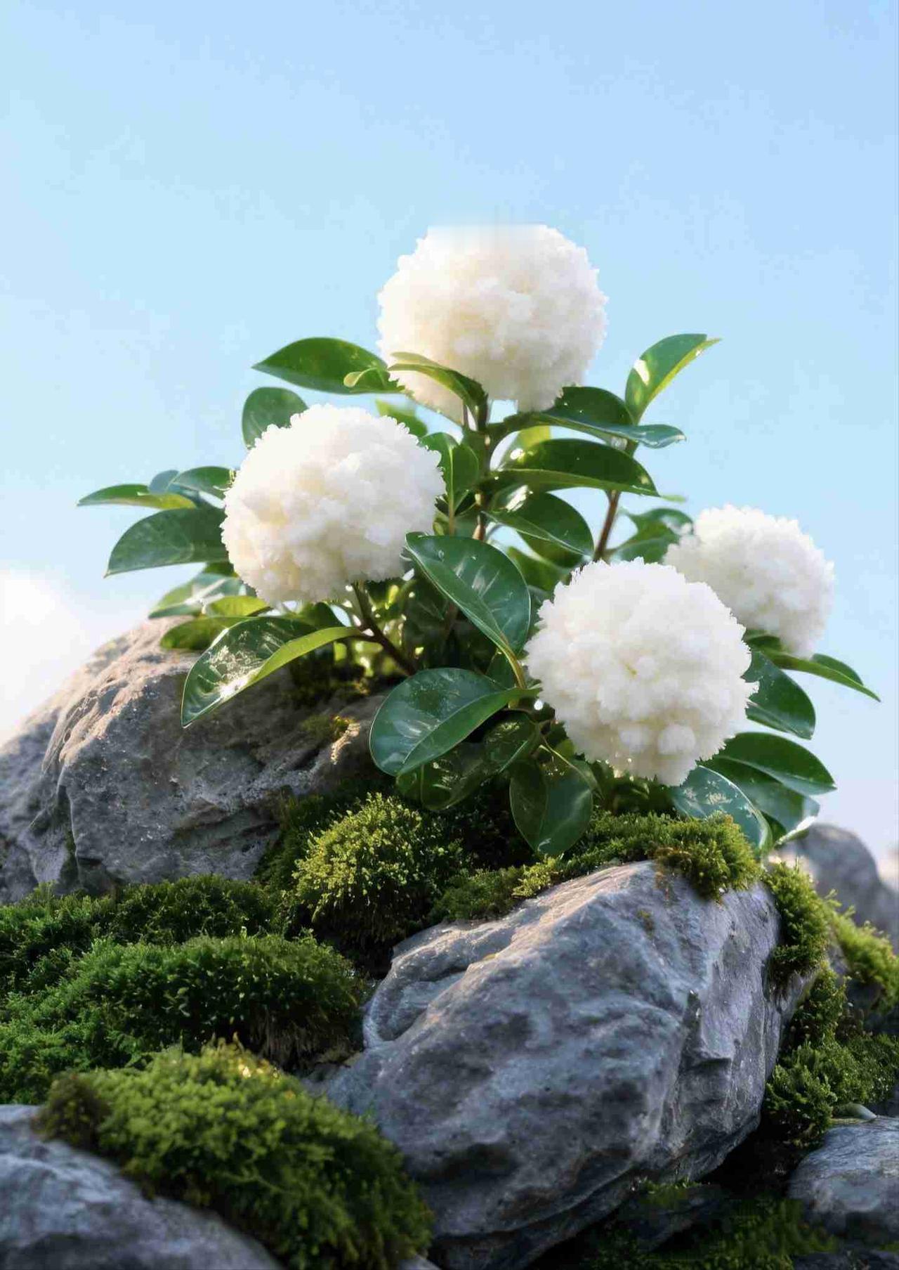 《石上琼花》
 
苍岩叠石覆青苔，
素球几簇向阳开。
翠叶凝光承晓色，
一团云雪