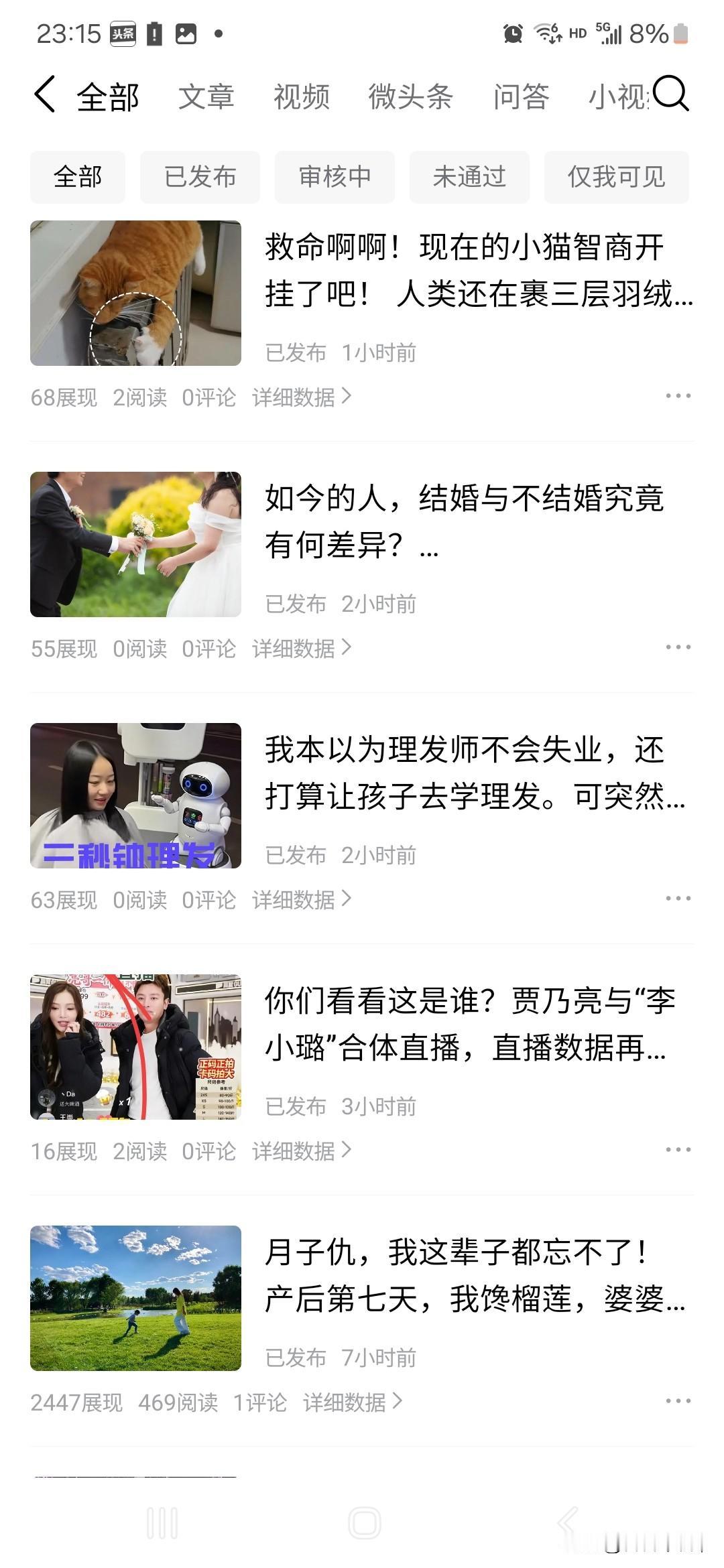 今天写了7个微头条，阅读量少得可怜，难道是我被限流了？
我按照大咖的方法查看了一