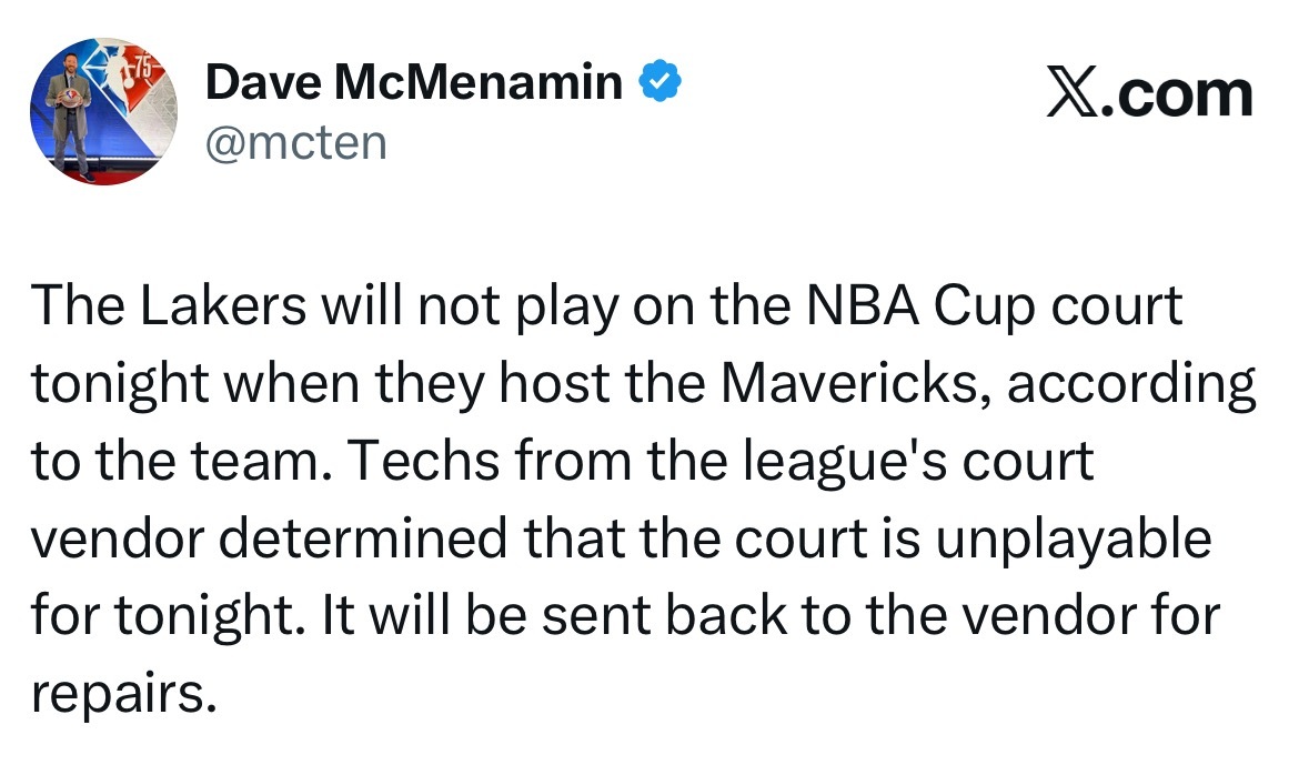 据湖人队官方消息，今晚主场迎战独行侠队的比赛不会使用NBA杯专属场地。联盟场地供