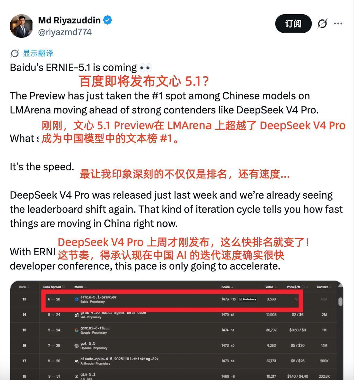 我今天刷到，LMArena大模型竞技场更新了最新排名。这次入榜前十五的模型里，唯