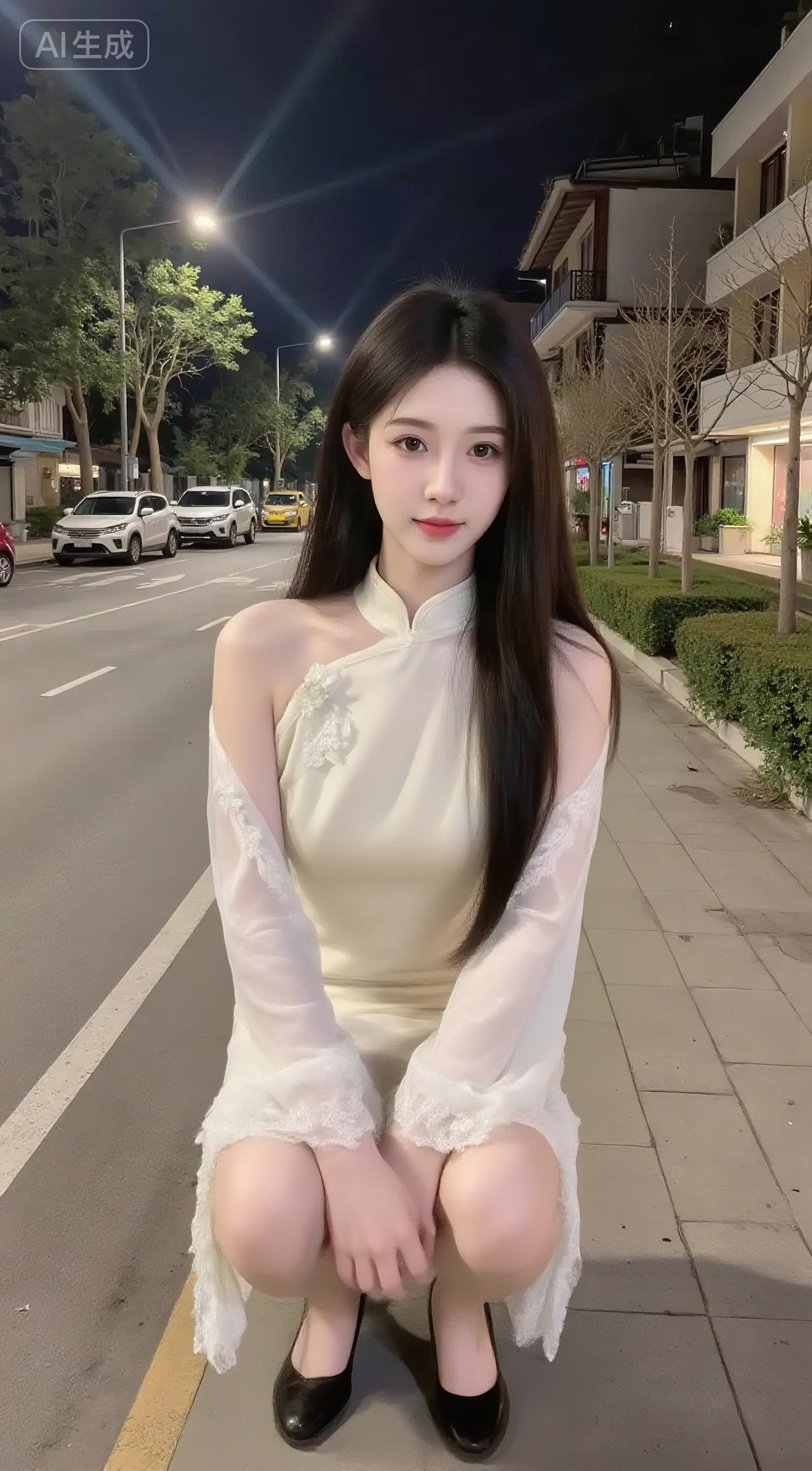 夜街灯影里，改良旗袍裹着温婉，露肩纱袖缀着蕾丝，长发垂落的她，把古典柔媚揉进了都