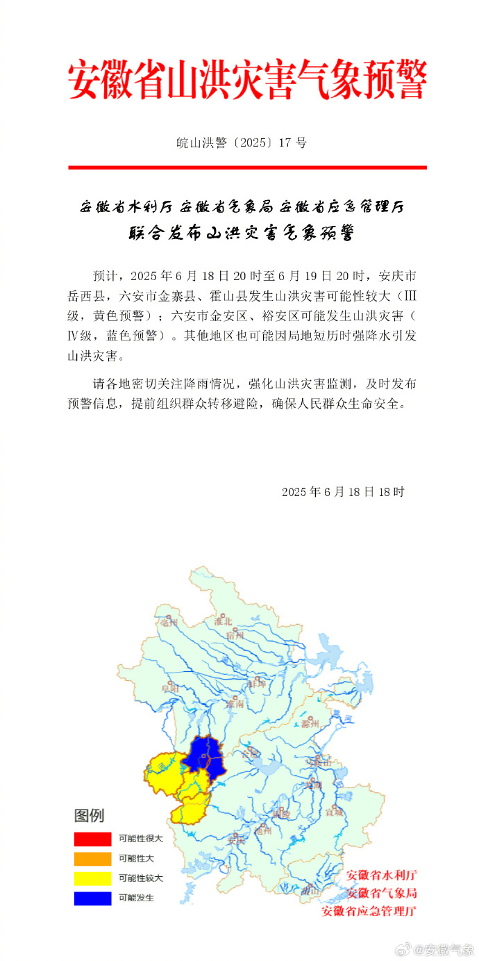 【#安徽发布山洪灾害气象预警##安徽发布地质灾害黄色预警#】据：安徽省水利厅 安