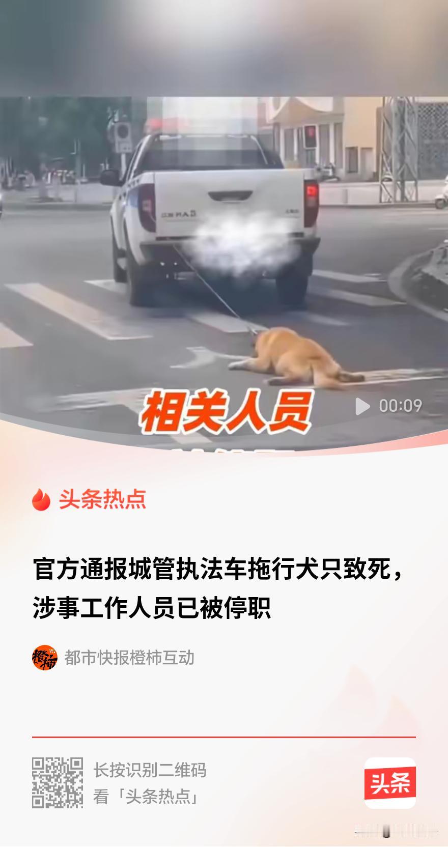 湖南江永执法车拖行犬只事件引发网友争论。我觉得城管部门处置流浪犬本无可非议，但处