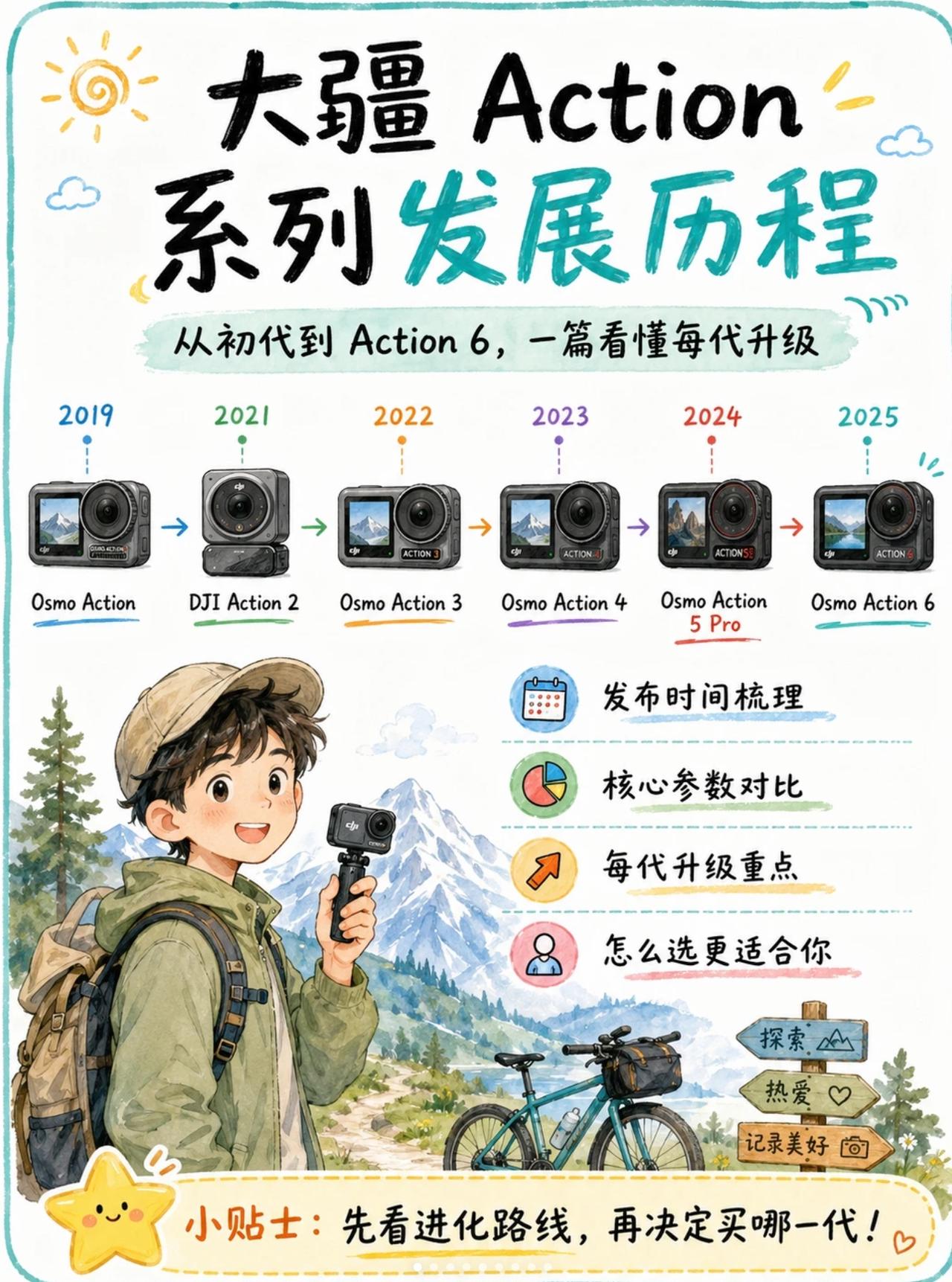 大疆运动相机进化史：
大疆2019年发布首款Osmo Action，依靠双彩屏与