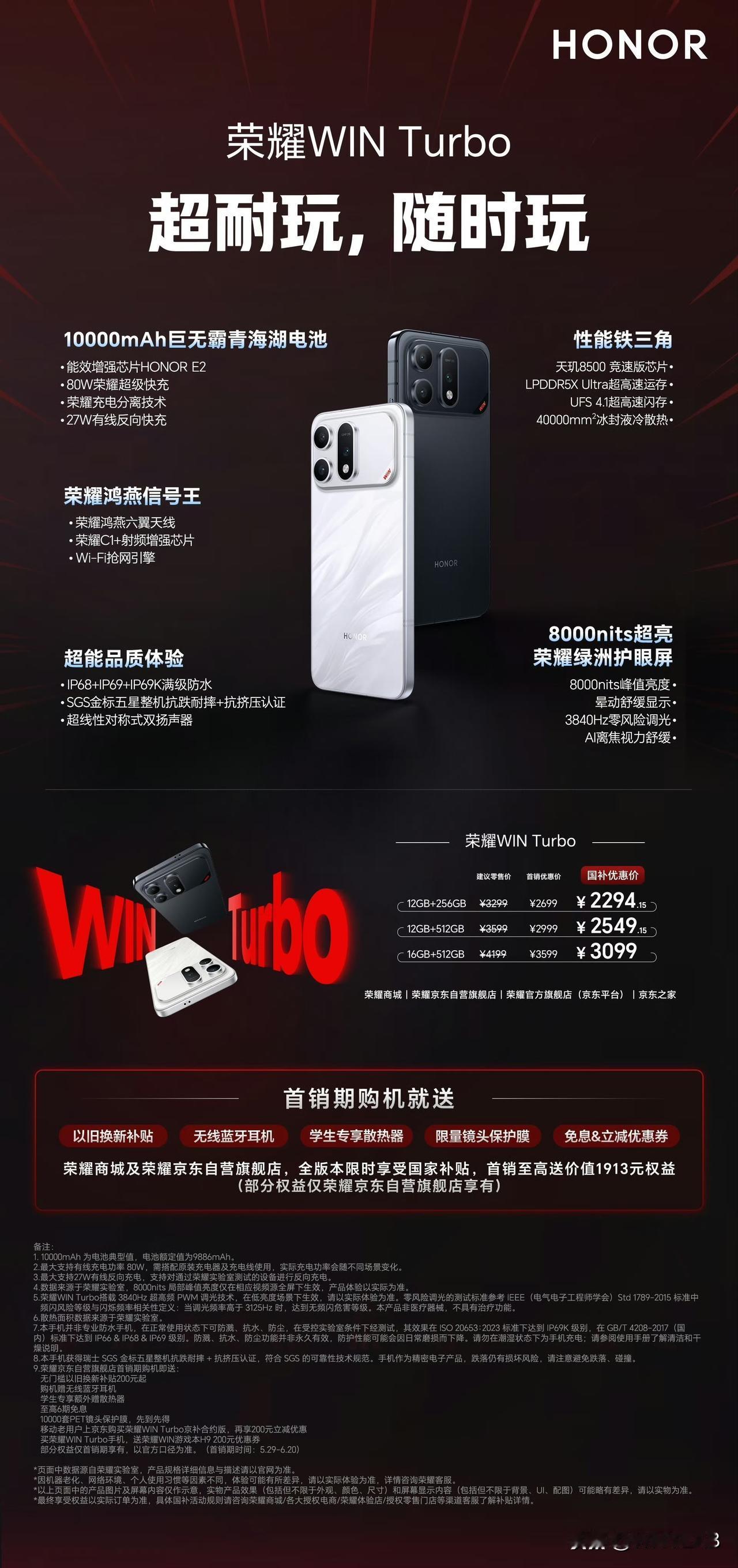 荣耀 WIN Turbo 发布，又一款一万电池的荣耀手机，12+256GB 首销