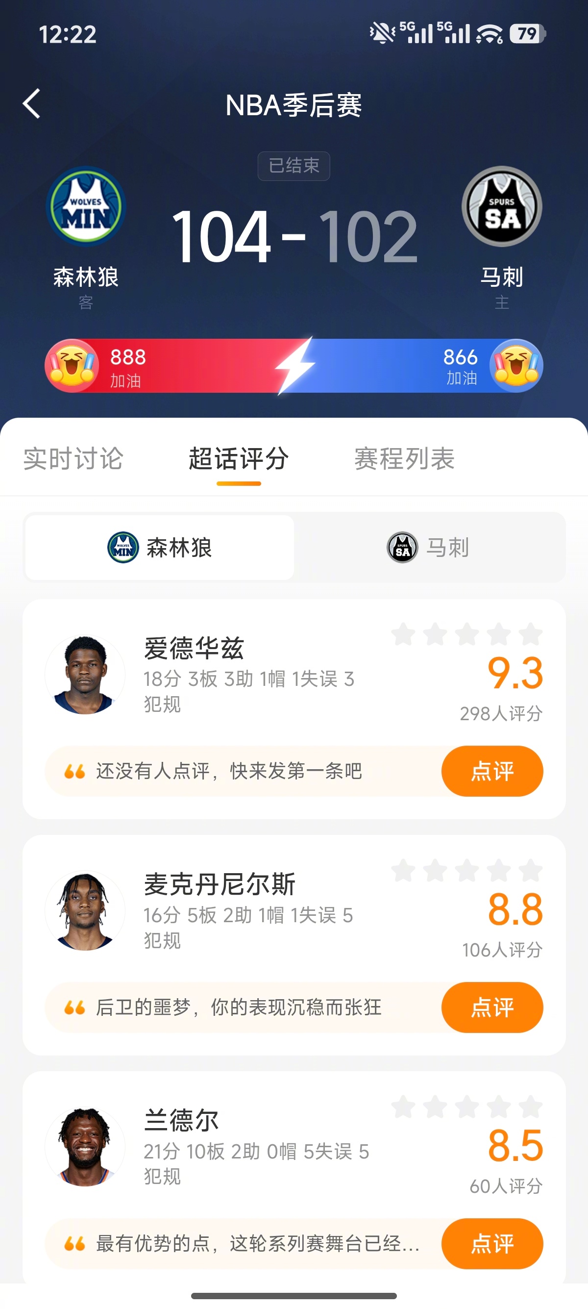 森林狼1比0马刺  森林狼客场取胜，拿下G1！一起来超话NBA明尼苏达森林狼马刺
