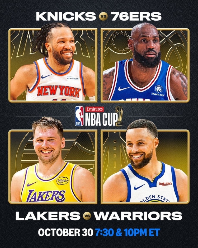 NBA杯小组赛将于10月31日打响 首日为尼克斯vs76人 湖人vs勇士 nba
